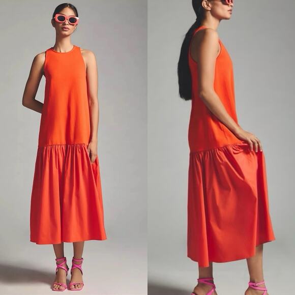 Anthropologie Maeve Flounce Maxi Dress Sz S Orange Preppy Coastal Casual Chic - Picture 5 of 13